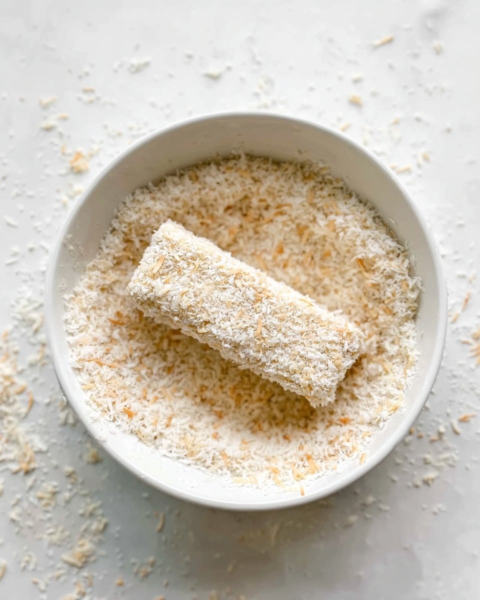 A white bowl on a white marbled surface filled with a layer of light beige and white shredded coconut mixed with crumbs. Inside the bowl, there is a rectangular bar fully coated in the shredded coconut and crumbs, resting flat on top of the mixture. The texture of the coating looks rough and flaky, covering the bar tightly with small, uneven pieces. The overall scene is bright and clean. photo taken with an iphone --ar 4:5 --v 7