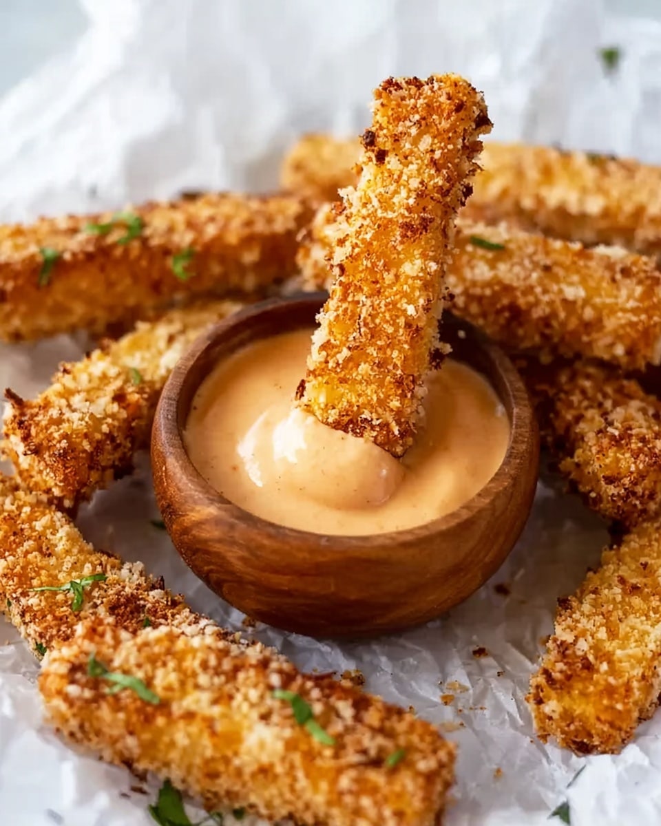 The image shows several crispy golden-brown sticks with a crunchy, textured coating placed around a small wooden bowl filled with creamy, light orange dipping sauce. One stick is dipped halfway into the sauce, standing upright in the bowl, while the others lie around it on a crumpled white parchment paper. Small green herb pieces are scattered in the scene, adding a hint of color, and the background is a white marbled texture. The sticks have a rough, crunchy surface and an elongated, rectangular shape. photo taken with an iphone --ar 4:5 --v 7