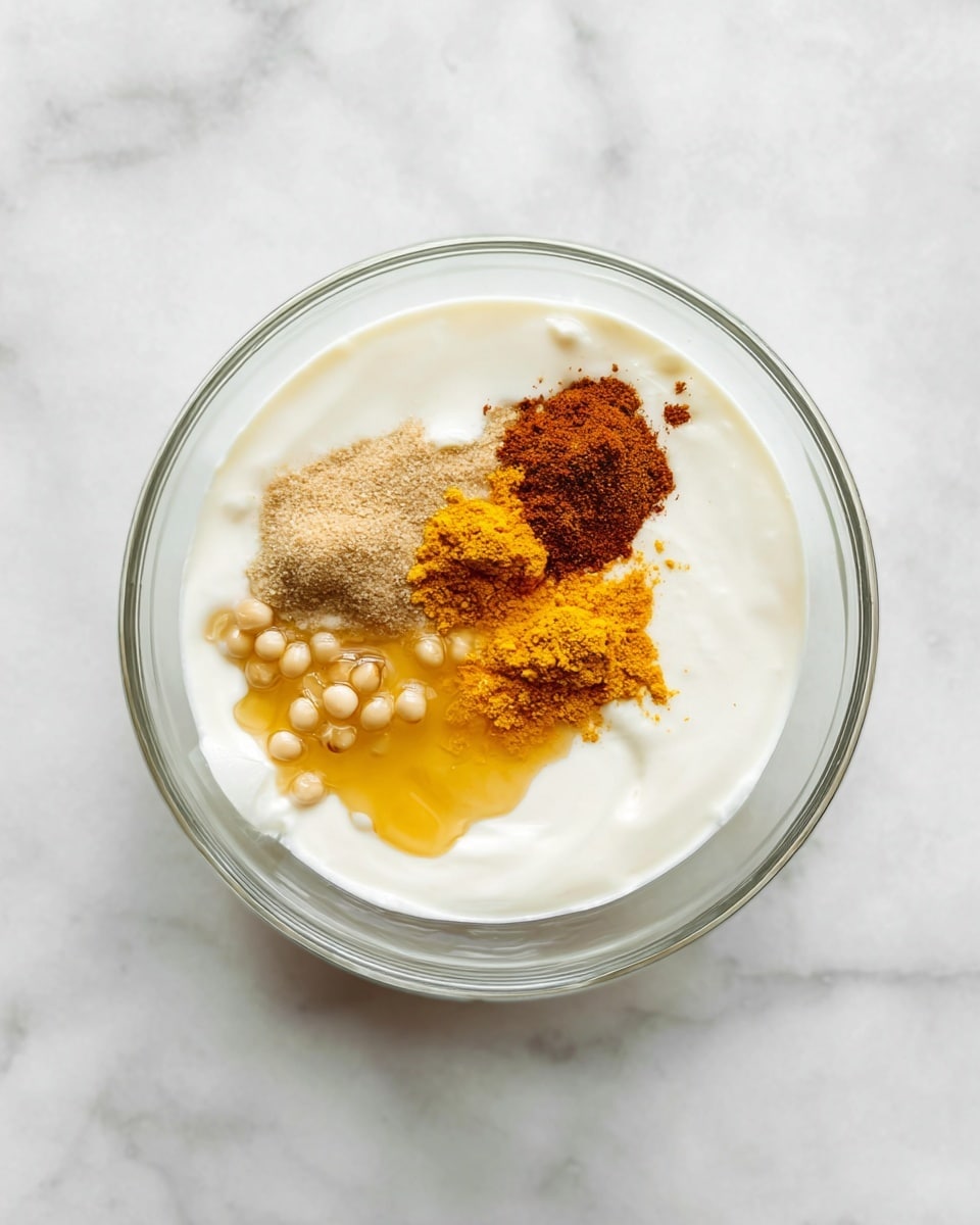 A clear glass bowl sits on a white marbled surface, filled mostly with a smooth, creamy white yogurt base. On top of the yogurt, there are four small piles of powdered spices and honey: a light brown powder on the left, a bright yellow-orange powder on the right, a small cluster of round pale mustard seeds near the bottom, and a golden amber drizzle of honey spreading slightly into the yogurt. The ingredients are uncooked and clearly separate in the bowl, showing a mix of colors and textures. photo taken with an iphone --ar 4:5 --v 7