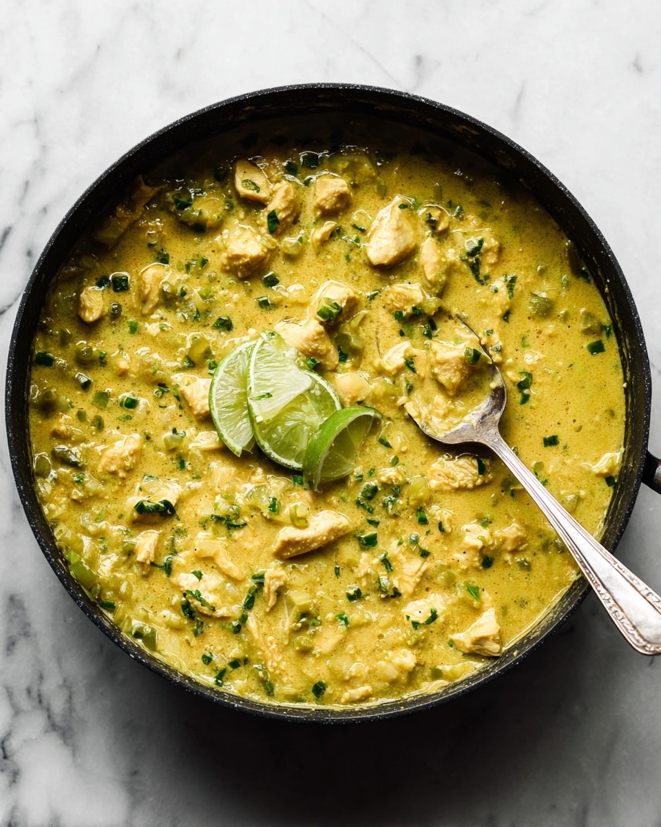 A black pan filled with a thick, yellowish-green stew that has small chunks of white meat and chopped green herbs mixed throughout. There are two thin slices of lime placed near the center on top of the stew. A silver spoon lies inside the pan, partially submerged in the stew, with the handle resting on the white marbled surface. The texture of the stew looks smooth with some small lumps, and the colors blend softly. Photo taken with an iphone --ar 4:5 --v 7