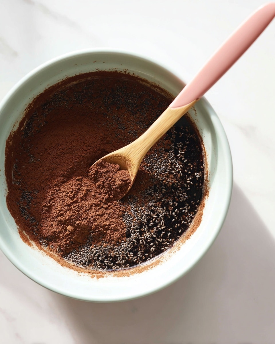A round white bowl filled with two visible layers: the bottom layer is a dark liquid that looks smooth and shiny, and the top layer is a thick dusting of two mixed ingredients, dark brown powder and small black and white seeds, scattered unevenly. A wooden spoon with a pink handle rests inside the bowl, partially covered with the dark brown powder as it stirs the seeds and powder layers gently. The bowl sits on a white marbled surface with soft light highlighting the textures of the powder and seeds. photo taken with an iphone --ar 4:5 --v 7