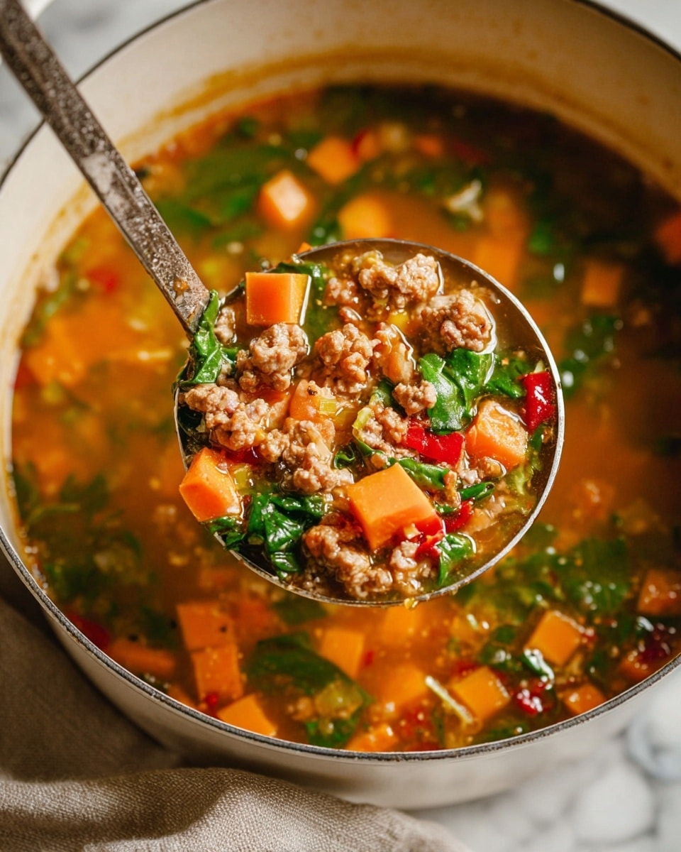 A close-up view of a ladle full of colorful soup lifted from a white pot. The soup has three main layers visible: small orange cubes of soft textures like sweet potatoes or carrots, scattered green leafy pieces like spinach, and medium brown pieces that look like cooked ground meat. The broth is clear but rich with a light orange color and small bits of red peppers and onions, giving a mixed texture and color. The pot sits on a white marbled surface with a beige cloth napkin partly visible next to it. Photo taken with an iphone --ar 4:5 --v 7