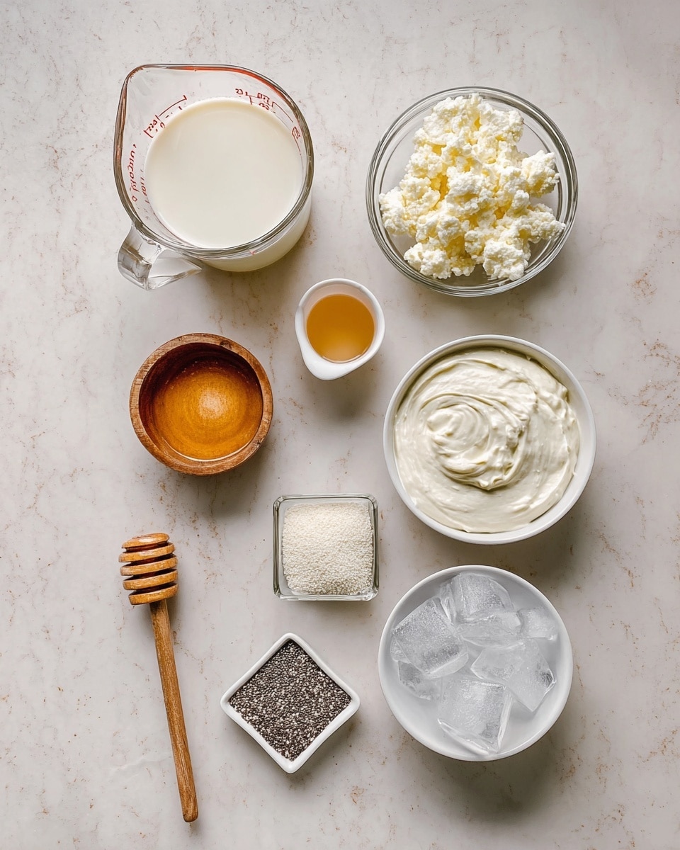 The image shows seven small bowls and containers arranged on a white marbled surface. At the top left, there is a clear glass measuring cup filled with white milk. To its right, a clear glass bowl holds small, crumbly white curds. Next to it on the right, a white bowl is filled with smooth, thick white cream, with visible swirled texture on top. Below the curds, a tiny white cup contains a light brown liquid. In the center bottom, a clear square container is filled with small black and white chia seeds. To its right, a small wooden bowl holds finely ground white powder. At the bottom left, a small white rectangular dish holds golden honey with a wooden honey dipper resting inside. On the bottom right corner, a white bowl is filled with ice cubes, clear and slightly frosted. The photo is taken with an iphone --ar 4:5 --v 7