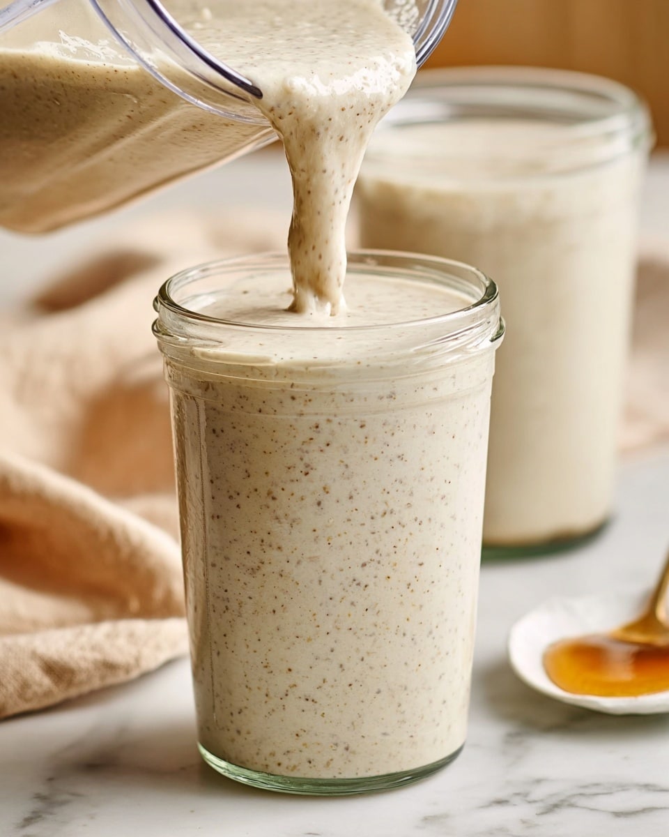 A close-up shows a thick, creamy beige smoothie with tiny dark specks being poured from a blender into a clear glass jar. The smoothie fills the jar almost to the top, with a smooth textured surface and visible air bubbles. In the background, there is a second identical jar filled with the same smoothie, slightly out of focus. The setting includes a white marbled surface with a soft beige cloth and a small white dish with a honey-like liquid nearby. photo taken with an iphone --ar 4:5 --v 7