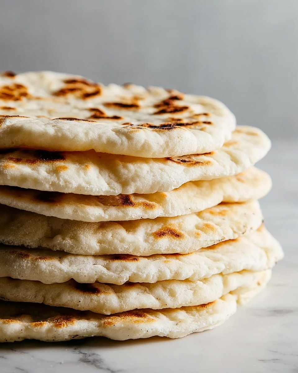 A close-up of a stack of six flatbreads with a light golden brown color and small air bubbles on the surface, each flatbread layered neatly one on top of another, showing their soft and slightly puffy texture. The flatbreads have small charred spots scattered across the top side, and the edges are uneven and slightly raised. The stack sits directly on a white marbled surface with a simple, blurred light gray background. Photo taken with an iphone --ar 4:5 --v 7