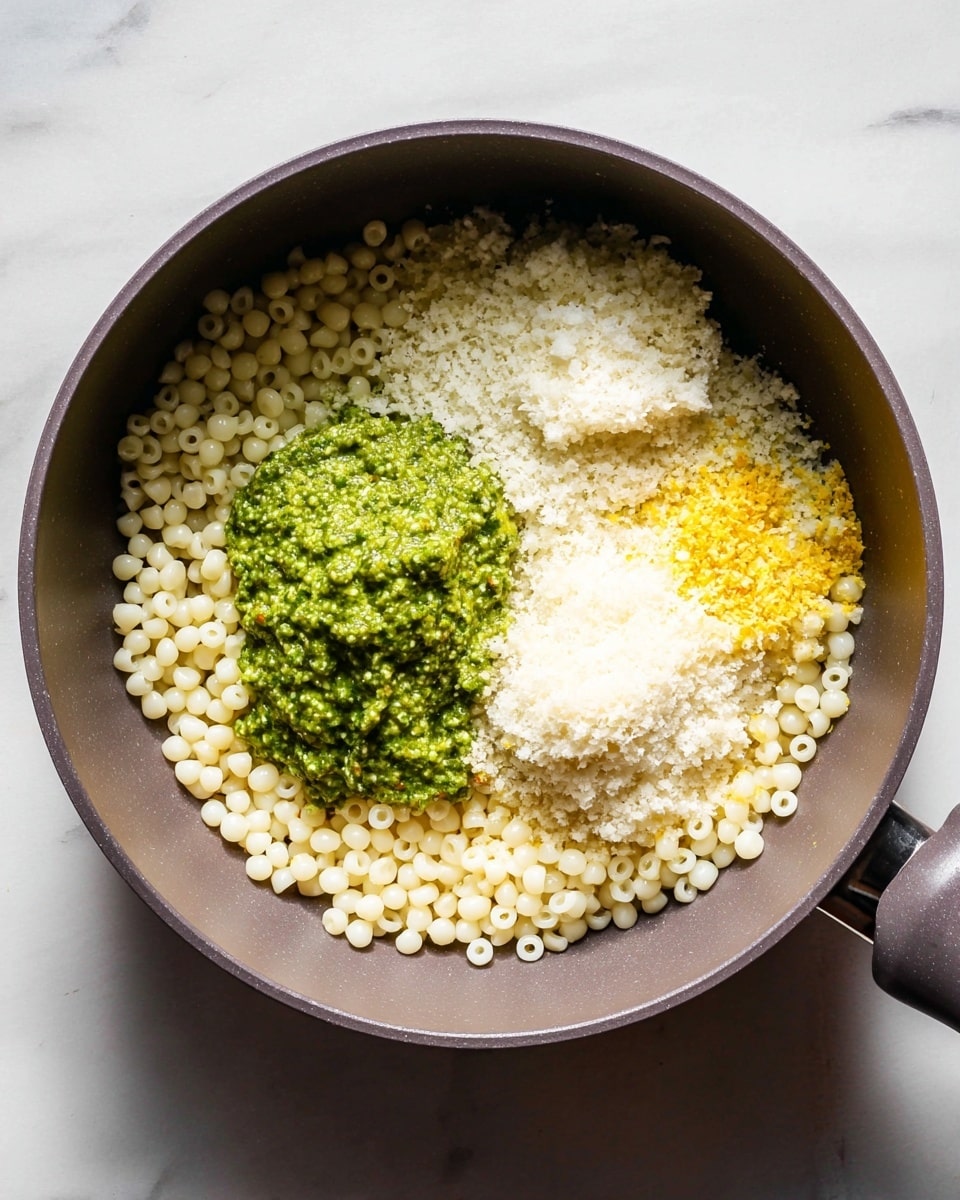 A close-up top view of a dark gray pan filled with small, round, pearl-like white pasta as the base layer. On top, there are three distinct piles: a bright green pesto sauce with a slightly rough, chunky texture placed slightly left of center, a mound of finely grated white cheese to the right of the pesto, and a small amount of finely grated yellow lemon zest positioned below the pesto. The pan sits on a surface with a white marbled texture. Photo taken with an iphone --ar 4:5 --v 7