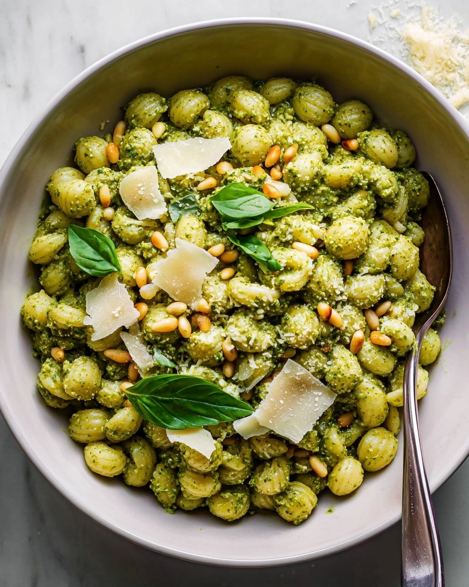 A close-up view of a bowl filled with small pearl-shaped pasta coated in a green pesto sauce, creating a textured layer of shiny, light green pearls. On top, there are scattered toasted pine nuts and thin shavings of pale yellow cheese, along with small fresh basil leaves adding a deep green color. The bowl is white and sits on a white marbled surface. A silver spoon is partially visible on the right side inside the bowl. Photo taken with an iphone --ar 4:5 --v 7