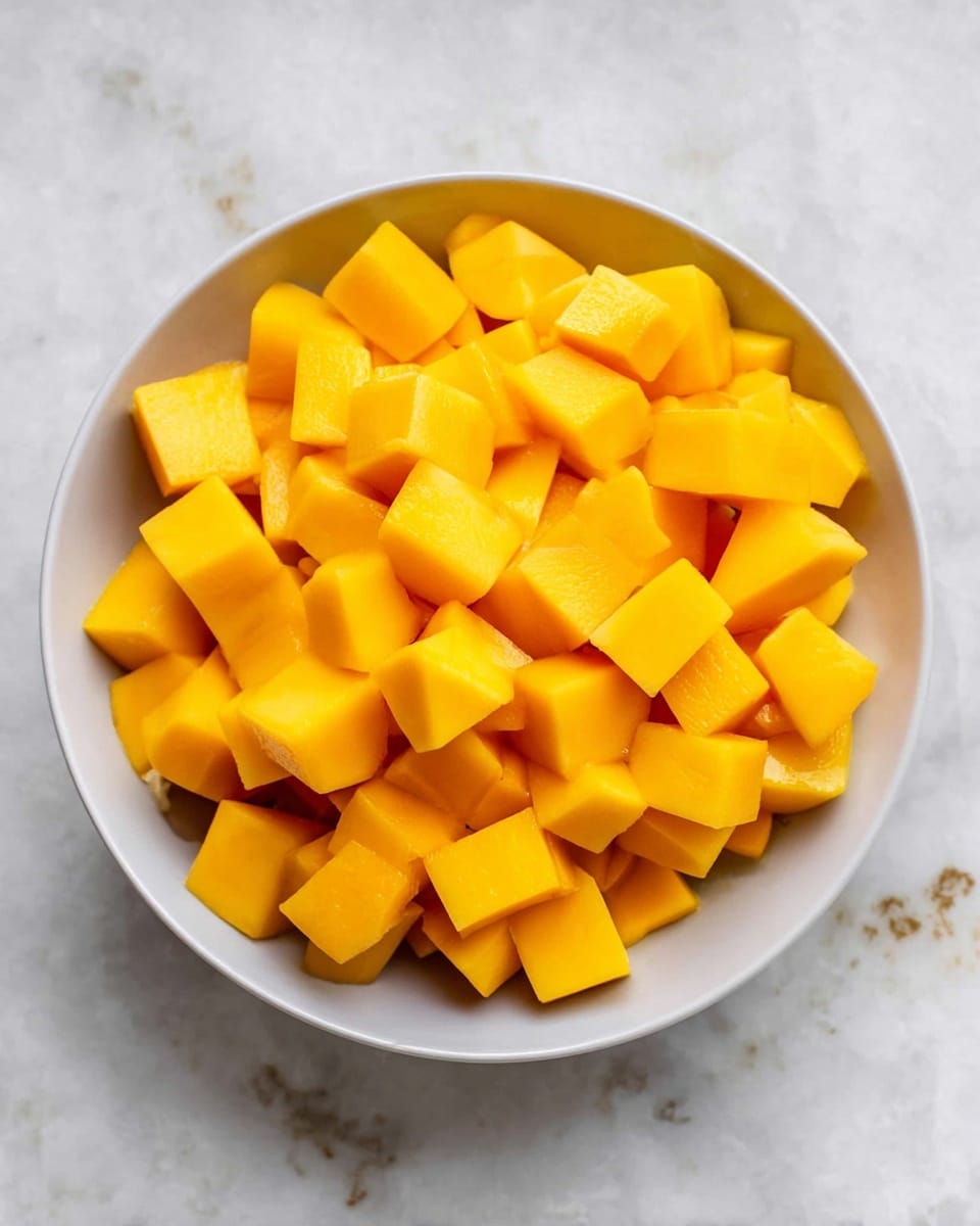 A white bowl is filled with many small, bright yellow-orange mango cubes. The mango pieces have smooth, shiny surfaces and are stacked loosely, showing their soft texture. The bowl sits on a white marbled surface with small brown spots on its edges. The bright color of the mango contrasts with the pale bowl and background, making the fruit the main focus. photo taken with an iphone --ar 4:5 --v 7
