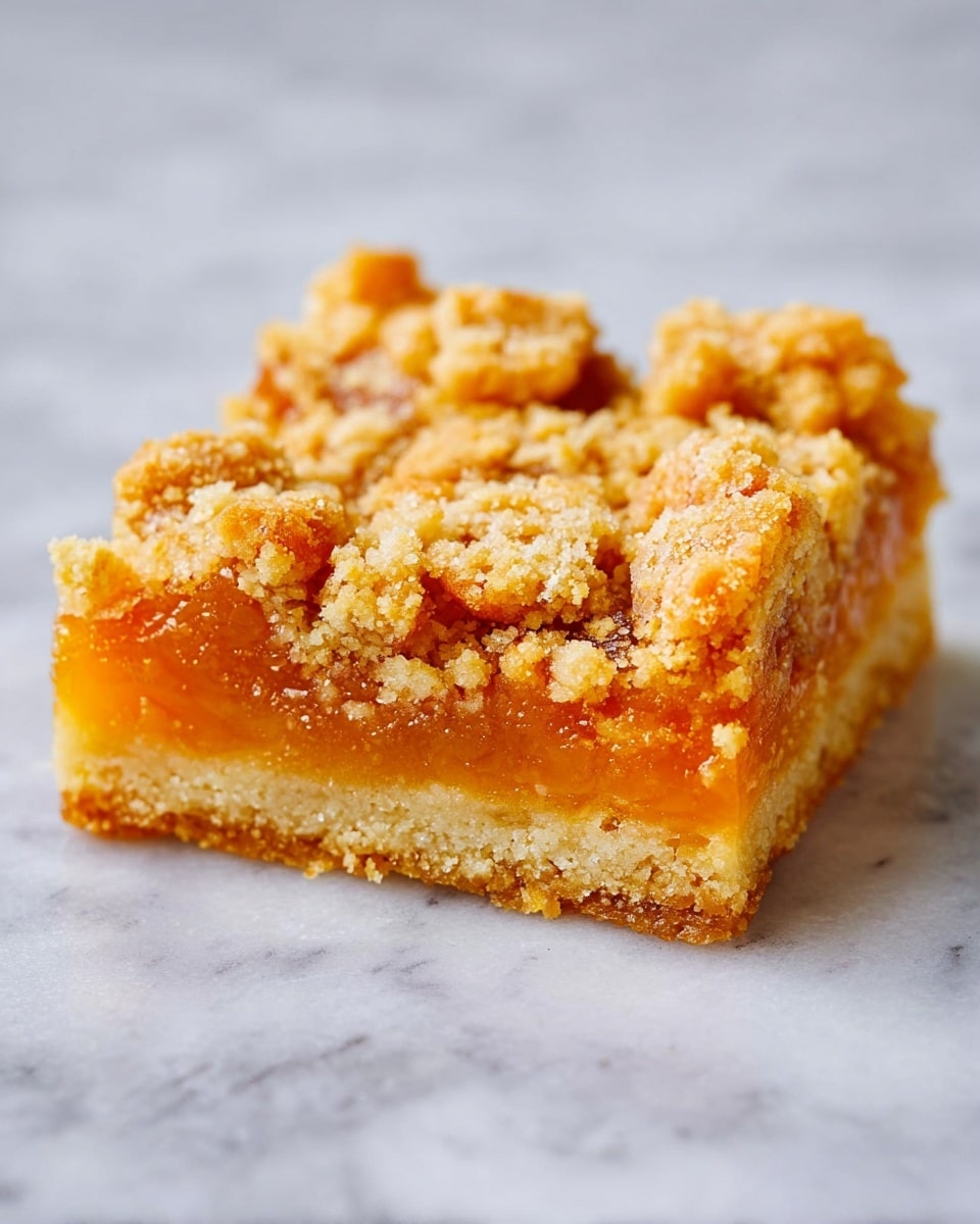 The image shows a square bar with three visible layers. The bottom layer is a light golden crust with a crumbly texture. The middle layer is a bright orange filling that looks soft and smooth, slightly translucent. The top layer consists of crumbly chunks, golden brown and slightly crispy, unevenly spread over the orange filling. The bar rests on a white marbled surface. photo taken with an iphone --ar 4:5 --v 7