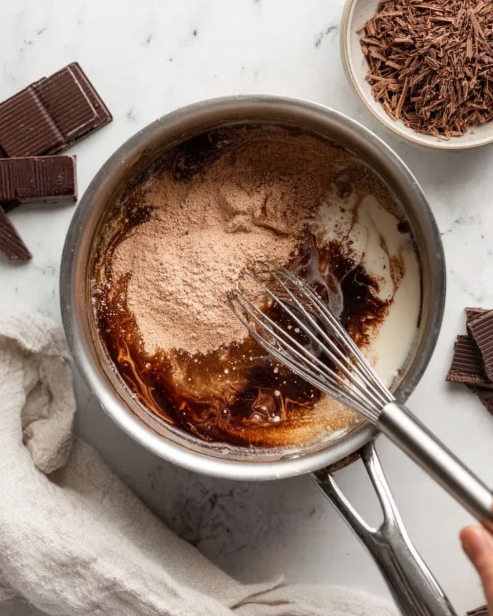 A silver saucepan on a white marbled surface contains a mixture with visible layers: a light brown powder on top, some dark brown liquid below, and white liquid around the edges. A woman’s hand holds a silver whisk stirring the ingredients, partially immersed in the mixture. Around the saucepan, there are small stacks of chocolate pieces, a white cloth, and a blurred bowl filled with thin chocolate shavings. Photo taken with an iphone --ar 4:5 --v 7