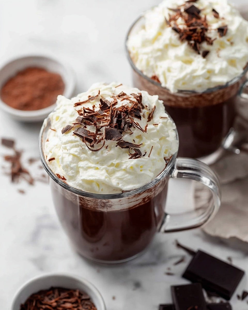 The image shows two clear glass mugs filled with dark brown hot chocolate, each topped with a thick, fluffy layer of white whipped cream. On top of the whipped cream, there are small pieces of dark chocolate curls scattered unevenly. The mugs are placed on a white marbled surface, with one mug mostly visible and the other partially in the frame at the bottom right. Around the mugs, there are small bowls with more chocolate shavings and a few dark chocolate squares nearby. The overall look is cozy and rich, with a contrast of dark brown and white colors. photo taken with an iphone --ar 4:5 --v 7