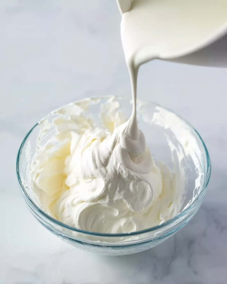 A clear glass bowl on a white marbled surface holds thick white whipped cream with soft, fluffy texture, and fresh cream is being poured slowly from a white container into the bowl, mixing with the whipped cream below. The scene focuses on the creamy layers blending smoothly, showing soft peaks and a smooth flow. Photo taken with an iphone --ar 4:5 --v 7