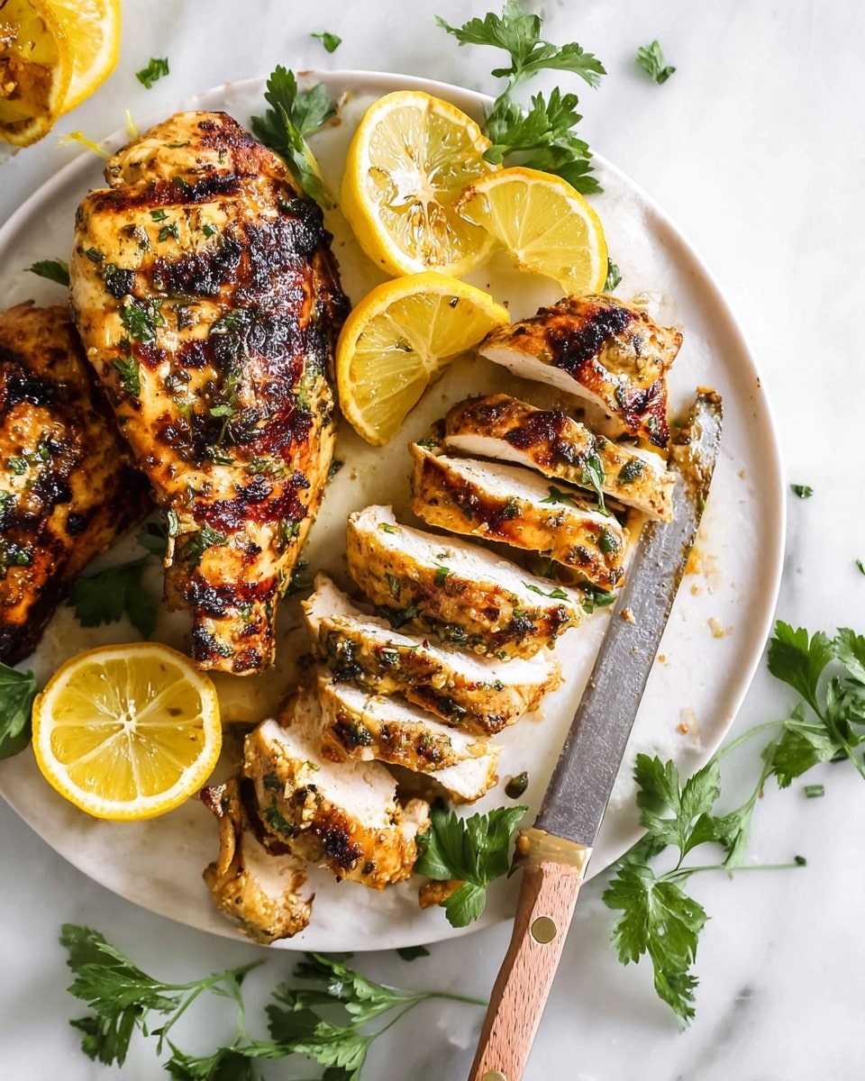 The image shows two grilled chicken pieces on a white plate, one whole and one sliced into five pieces, revealing the white inside. The chicken has a charred, golden-brown color with visible herbs sprinkled over it. Around the chicken, there are several lemon slices with bright yellow rinds and juicy interiors. Green parsley leaves are scattered both on the plate and the white marbled surface underneath. A knife with a light wooden handle rests under the sliced chicken, its blade partly visible. Photo taken with an iphone --ar 4:5 --v 7