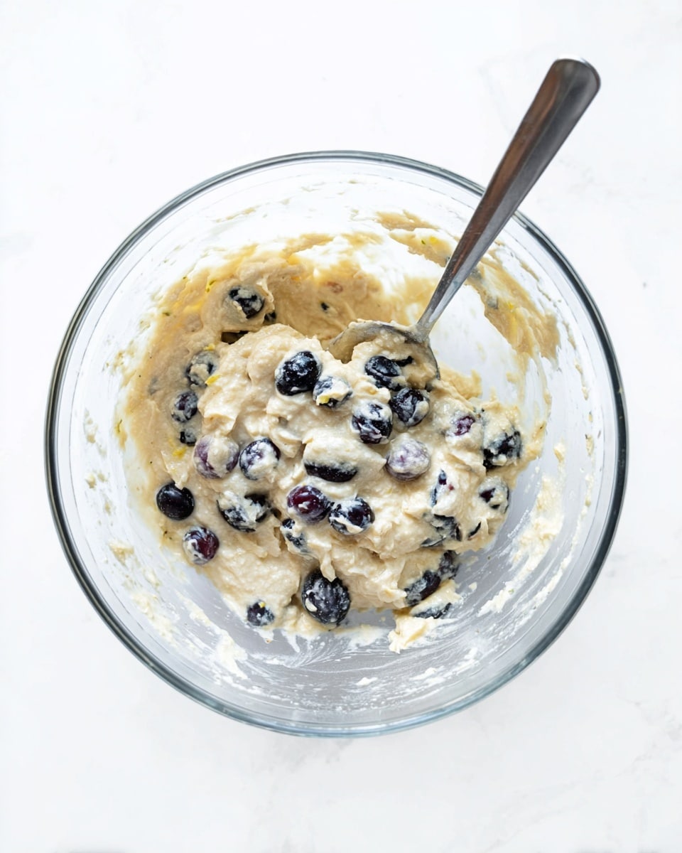 A clear glass bowl holds a mixture of light beige batter with visible pieces of sliced blueberries scattered inside. A silver spoon is placed in the bowl, partially covered with the batter. The bowl sits on a white marbled surface. photo taken with an iphone --ar 4:5 --v 7