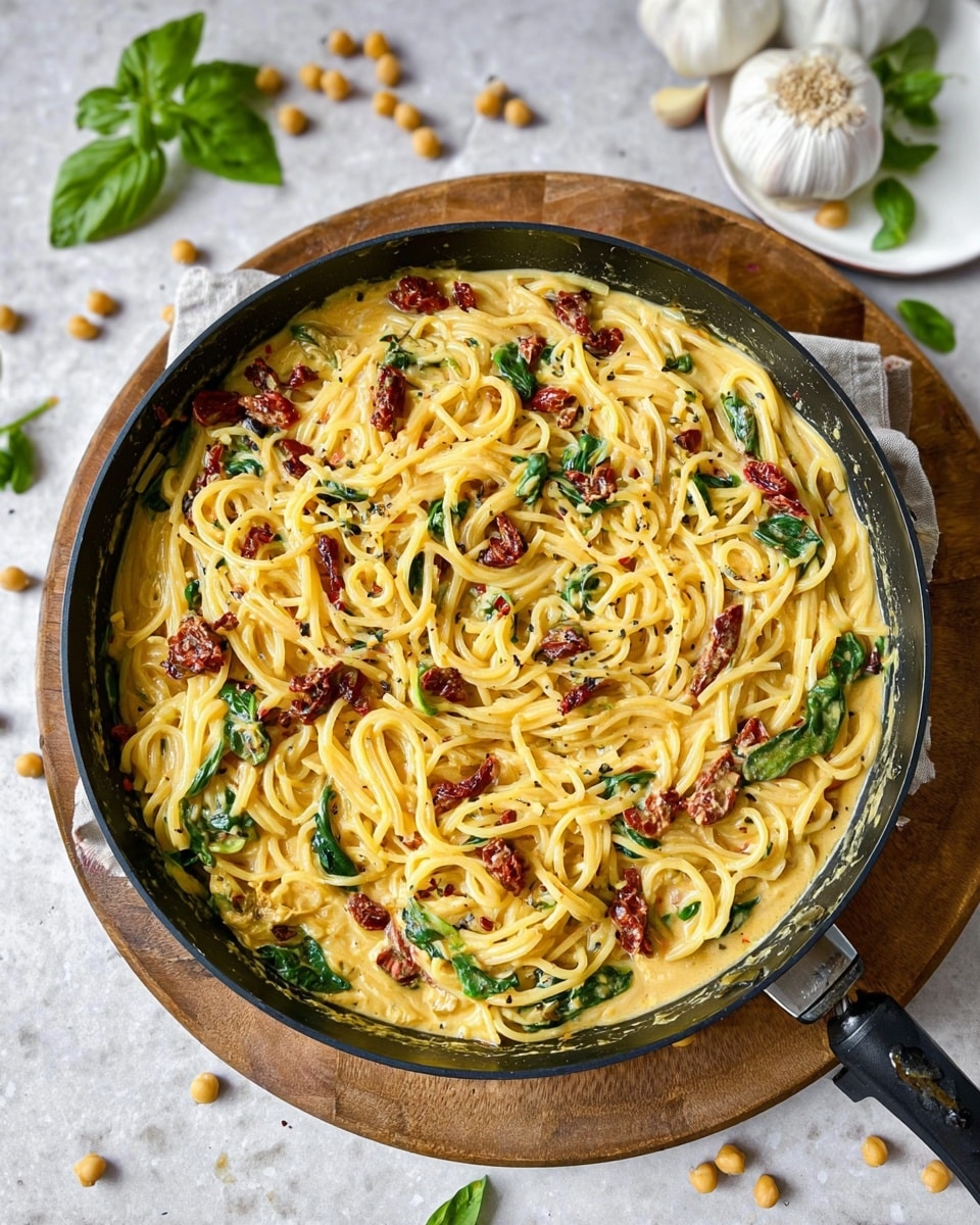 Hummus Pasta with Sun-Dried Tomatoes, Spinach, and Basil Recipe