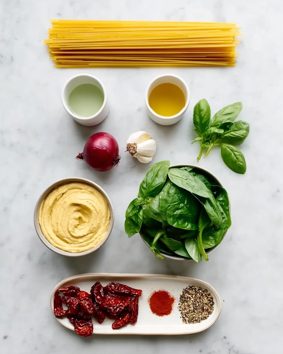 The image shows ingredients laid out neatly on a white marbled surface, arranged in a vertical line. At the top, there is a bundle of uncooked yellow spaghetti. Below it are two small white bowls side by side, one with a golden liquid and the other with a light green liquid. Next, there is a small deep red onion and two cloves of garlic placed close together. Underneath them, a white bowl is filled with fresh green spinach leaves. To the right of the spinach is a small bunch of bright green basil leaves. Below the spinach is a white bowl with dark red sun-dried tomatoes. At the bottom left, a white bowl contains creamy yellow hummus-like spread, and to the right, there is a white oval plate holding a mix of seasonings including salt, a brown powder, a red powder, and mustard seeds. The arrangement is clean and simple, with all items clearly visible. Photo taken with an iphone --ar 4:5 --v 7