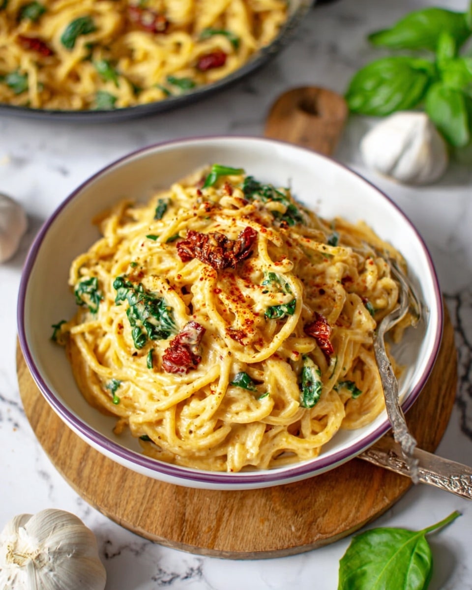 A bowl of creamy yellow pasta with visible sun-dried tomatoes and wilted green spinach leaves mixed throughout, the pasta strands are thick and coated evenly with the sauce, sprinkled lightly with a reddish spice on top; the bowl is white with a purple rim, placed on a wooden round board, with garlic bulbs and green basil leaves scattered around on a white marbled surface, a fork rests beside the bowl, and a pan with more pasta is blurred in the background photo taken with an iphone --ar 4:5 --v 7
