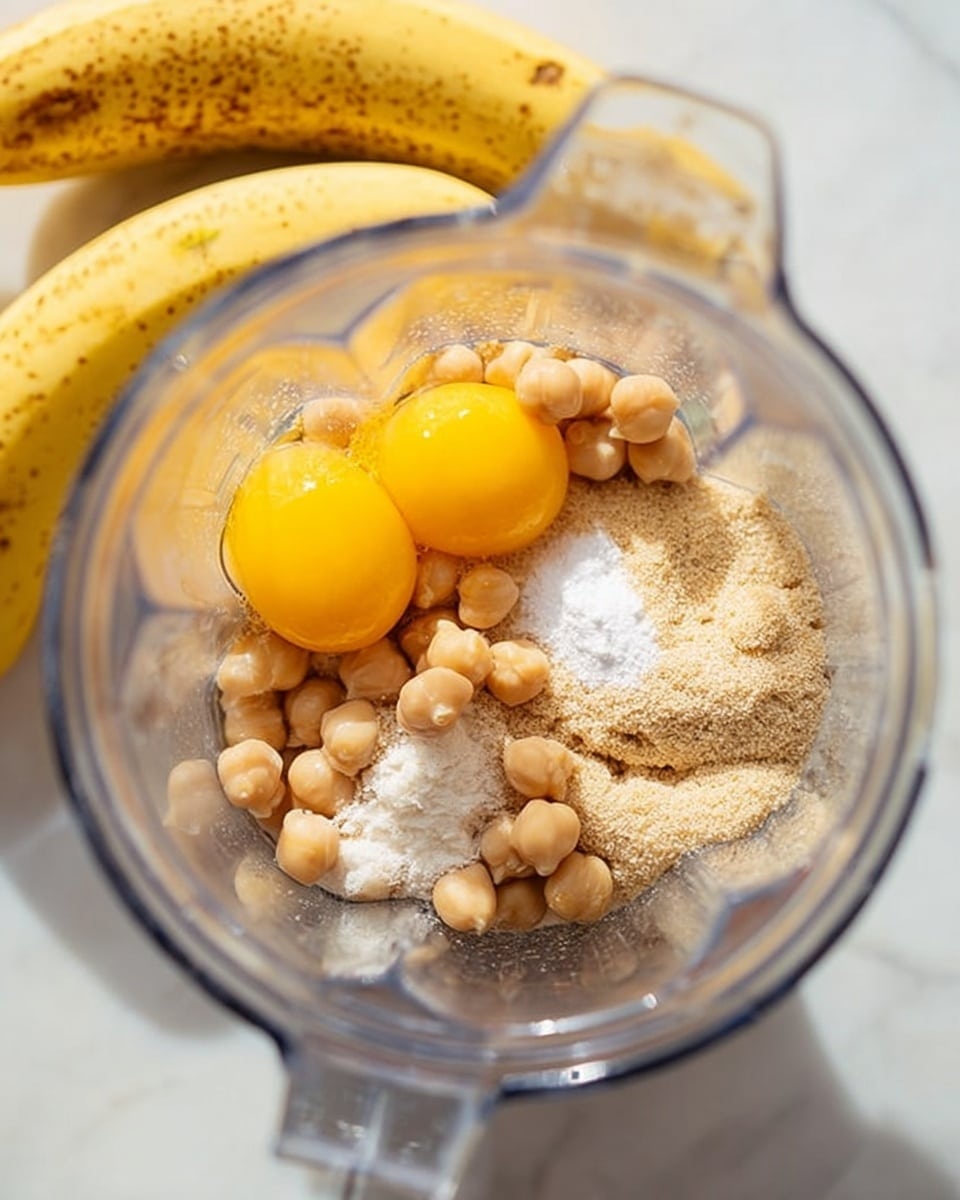 Inside a clear blender jar, there are several ingredients visible in separate layers: two yellow egg yolks with clear whites resting on top, a pile of light beige chickpeas, a heap of light brown sugar, and a smaller amount of white powder, likely baking soda or salt. The blender jar is placed on a white marbled surface next to two yellow bananas with brown spots. The light is bright and natural, highlighting the textures and colors of the ingredients. photo taken with an iphone --ar 4:5 --v 7