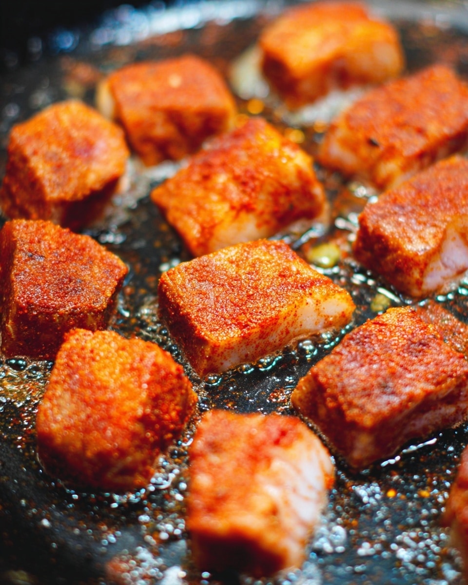 The image shows pieces of fish frying in a pan, arranged in several rows. Each piece is square or triangular in shape, with a bright orange-red seasoning coating the top and sides, giving a rough texture. The fish has a white-pink flesh visible on the sides, appearing tender underneath the seasoning. The pan surface is dark with some bubbling oil around the fish, creating a shiny effect and small reflections. The overall scene captures a close-up view with a soft focus on some fish in the background. photo taken with an iphone --ar 4:5 --v 7
