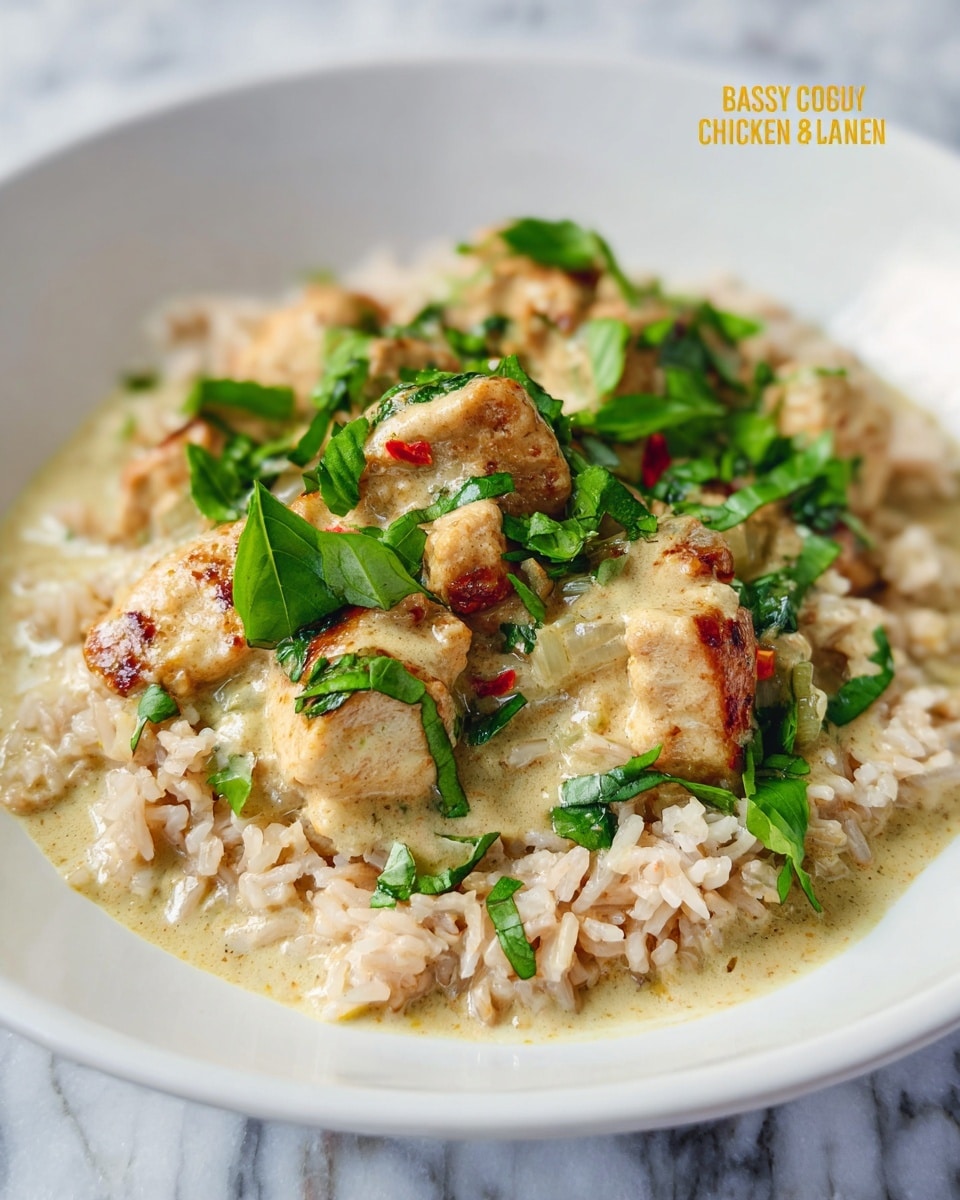 A white plate holds a dish with three layers: the bottom layer is light brown cooked rice, the middle layer consists of small golden brown pieces of chicken, and the top layer is a creamy light beige coconut curry sauce with chunks of onion and green basil leaves scattered over everything. The sauce softly coats the chicken and rice, adding a smooth texture and mild shine. The background is a white marbled surface. photo taken with an iphone --ar 4:5 --v 7