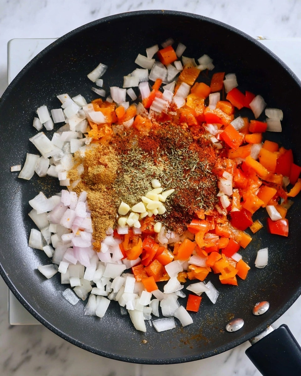A top view of a black frying pan on a white marbled surface with finely chopped white onions and orange bell peppers spread evenly all around the pan. In the center, there is a pile of mixed spices with distinct colors including brown, red, and green, along with chopped pale yellow garlic. The vegetables show a slight shine and soft texture as if they are being cooked. The frying pan has a black handle on the right side. photo taken with an iphone --ar 4:5 --v 7