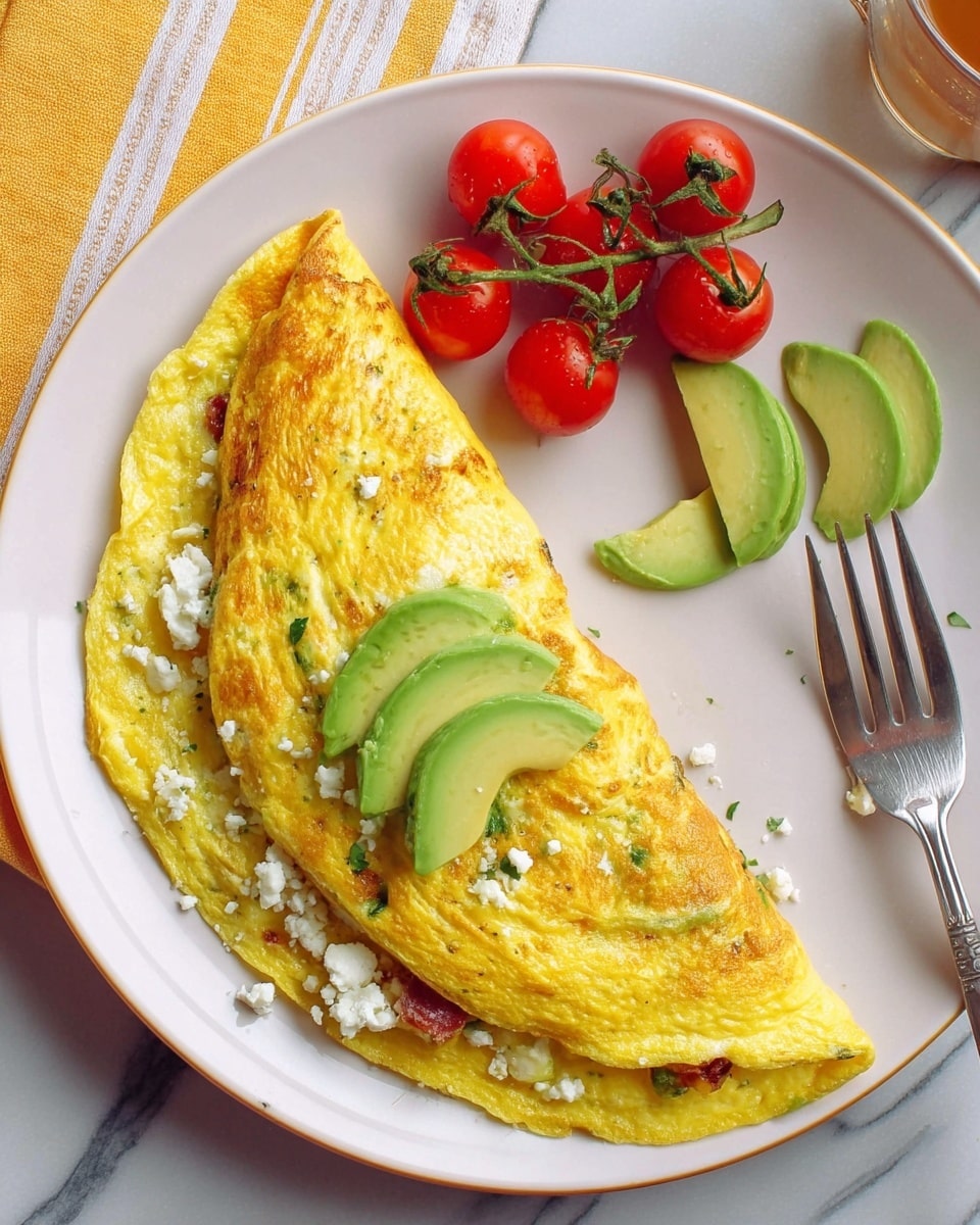 A folded golden-yellow omelet sits on a white plate with crumbled white cheese and small green and red pieces visible at the edges, indicating vegetables inside. On top of the omelet are three bright green avocado slices placed neatly. To the right of the omelet, there are three more avocado slices alongside a shiny silver fork. Above the omelet, a small bunch of bright red cherry tomatoes with green stems rests on the plate. The plate is set on a white marbled surface with a yellow and white striped cloth partially visible in the background. photo taken with an iphone --ar 4:5 --v 7