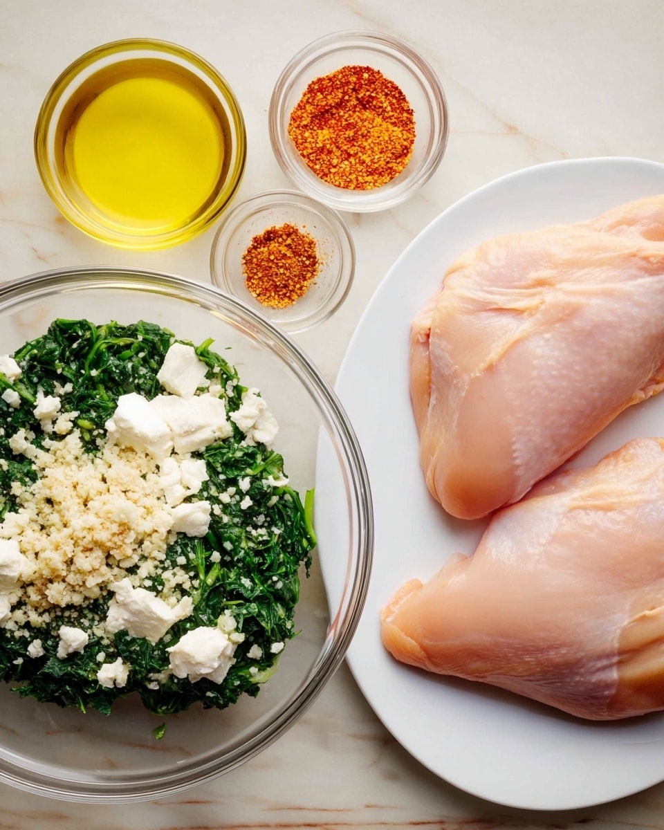 The image shows two raw chicken pieces on a white plate on the right side, with smooth light pink skin and a plump shape. To the left, there is a clear glass bowl containing several distinct layers: finely chopped dark green spinach, creamy white ingredients like sour cream and mayonnaise, a powdery white layer likely cream cheese, and crushed garlic with reddish-brown seasoning. Above the bowl, there are two small bowls, one filled with bright yellow oil and the other with a reddish orange spice mix. Everything is placed on a white marbled surface. photo taken with an iphone --ar 4:5 --v 7