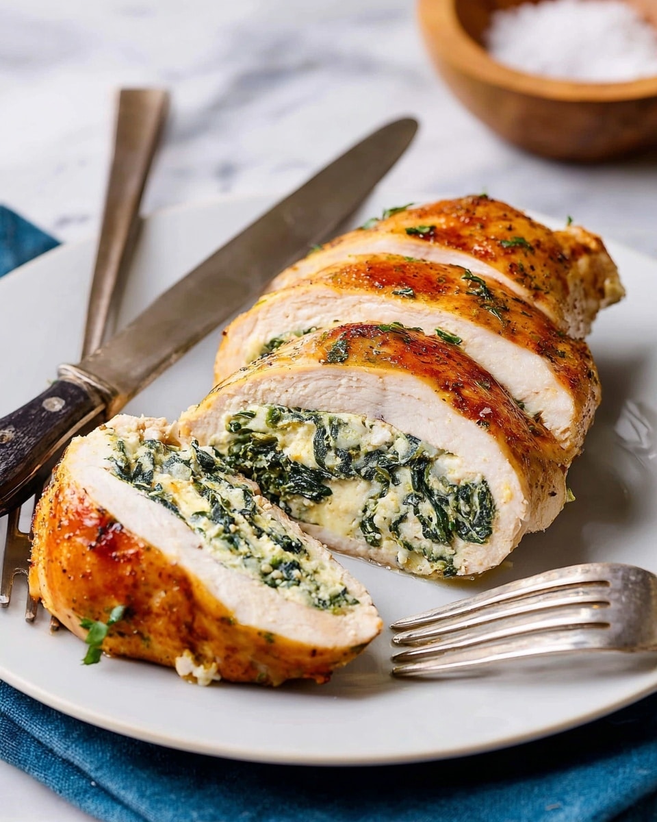 The image shows three thick slices of a stuffed chicken breast on a white plate with a silver knife on the top left and a silver fork holding one slice on the bottom right. Each slice has a golden brown outer layer of cooked chicken with a smooth texture, and a creamy spinach and cheese filling in the center, which is green and white with a slightly chunky texture. The plate rests on a white marbled surface, and a blue cloth partly peeks from the bottom right corner. In the background, a wooden bowl with coarse salt is blurred. Photo taken with an iphone --ar 4:5 --v 7