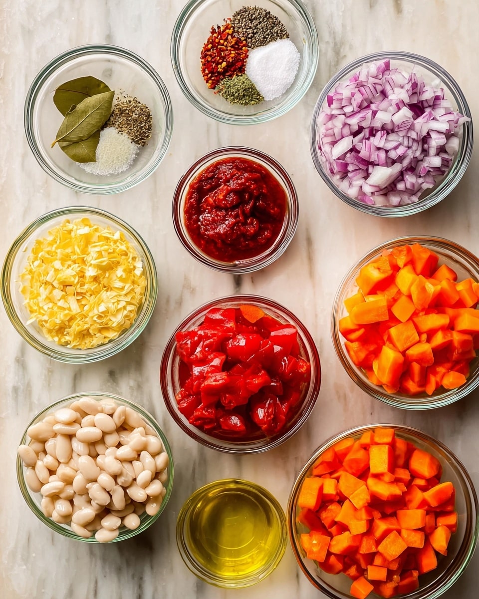 The image shows a white marbled surface with nine clear glass bowls arranged neatly. Starting from the top left, there is a bowl with five spices: bay leaf, dried herbs, salt, red pepper flakes, and black pepper. Moving clockwise, a small bowl contains thick red paste, below it is a bowl filled with finely chopped yellow garlic. Below that is a bowl with large chunks of red tomatoes in juice. On the bottom right is a bowl with many small, bright orange diced carrots. To the left is a bowl filled with white beans soaked in liquid. In the center is a bowl with green cubes, likely seasoning. Above it is a bowl filled with finely chopped purple onions, and to the right of that a small bowl with golden cooking oil. All bowls are on the white marbled background. photo taken with an iphone --ar 4:5 --v 7