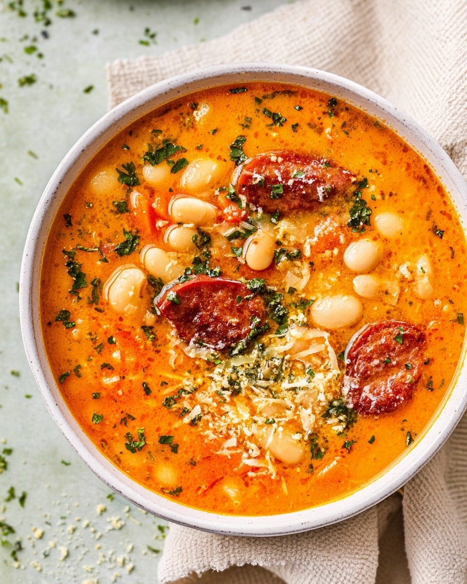 A white bowl filled with bright orange soup that has a smooth, slightly oily texture with visible small green herbs sprinkled on top. Inside the soup, there are large white beans and chunks of dark red sausage, along with small pieces of orange carrots. Some crumbly light yellow cheese or garnish is scattered over the surface. The bowl sits on a white marbled textured surface with a light cream cloth partly visible under it. Photo taken with an iphone --ar 4:5 --v 7