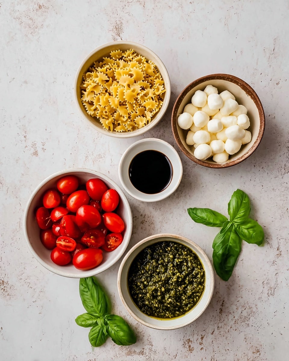 Five small white bowls are arranged on a white marbled surface. The top bowl contains small yellow star-shaped pasta. The left bowl holds many small, round, white cheese balls. The bottom-left bowl is filled with bright red, halved cherry tomatoes. The bottom-right bowl has green pesto sauce with a coarse texture. In the center, there is a small white bowl with dark balsamic vinegar, next to two fresh green basil leaves. Photo taken with an iphone --ar 4:5 --v 7