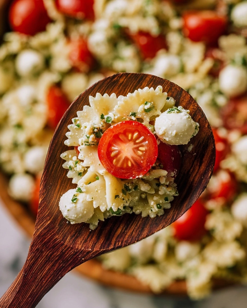 A dark wooden spoon holds a close-up view of a salad showing three layers: the base layer is small light beige star-shaped pasta with specks of green herbs, the middle layer has creamy white small cheese balls, and the top layer features bright red cherry tomatoes, one sliced in half showing its juicy interior; the background is filled with the same salad spread on a white marbled surface, making the colors of the pasta, cheese, and tomatoes stand out vividly. photo taken with an iphone --ar 4:5 --v 7