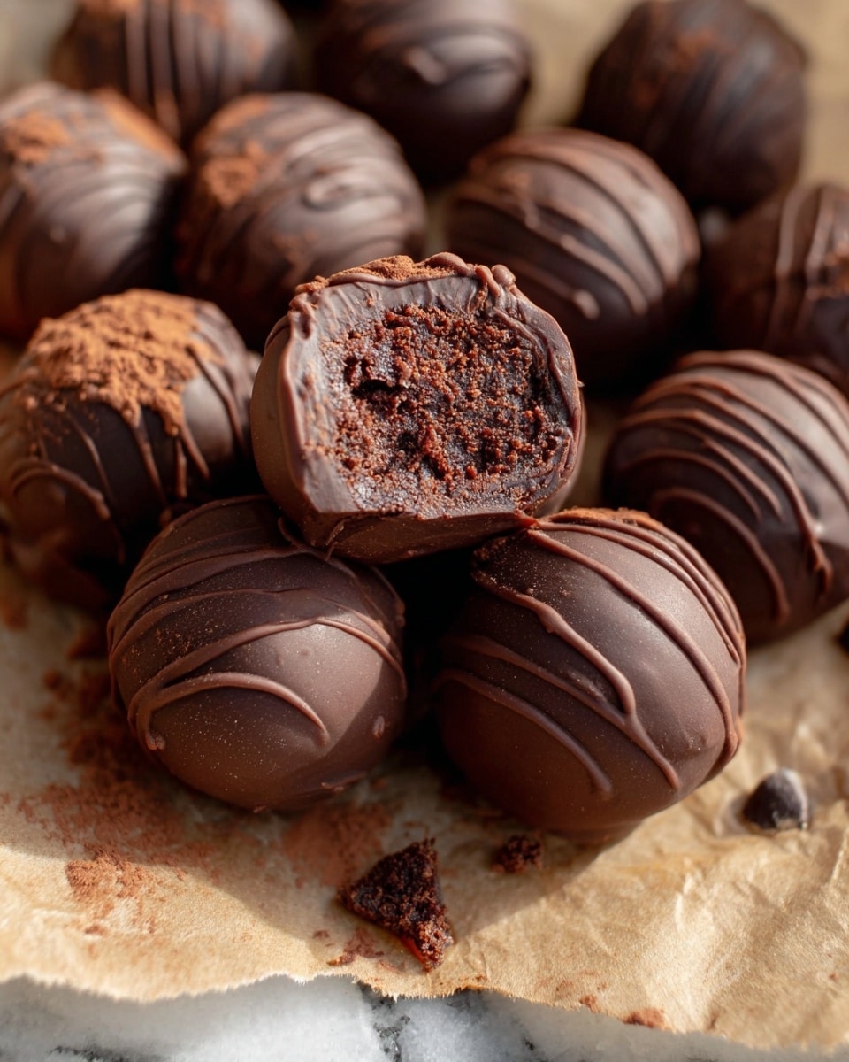 The image shows a close-up of several round chocolate truffles arranged closely on a piece of light brown parchment paper over a white marbled surface. Each truffle is coated in smooth, dark brown chocolate with thin lines of darker chocolate drizzled on top. One truffle in the center is broken open, revealing a dense, moist, and textured dark brown filling inside. There are small chocolate crumbs scattered around on the parchment paper, adding texture and detail to the scene. The photo taken with an iphone --ar 4:5 --v 7