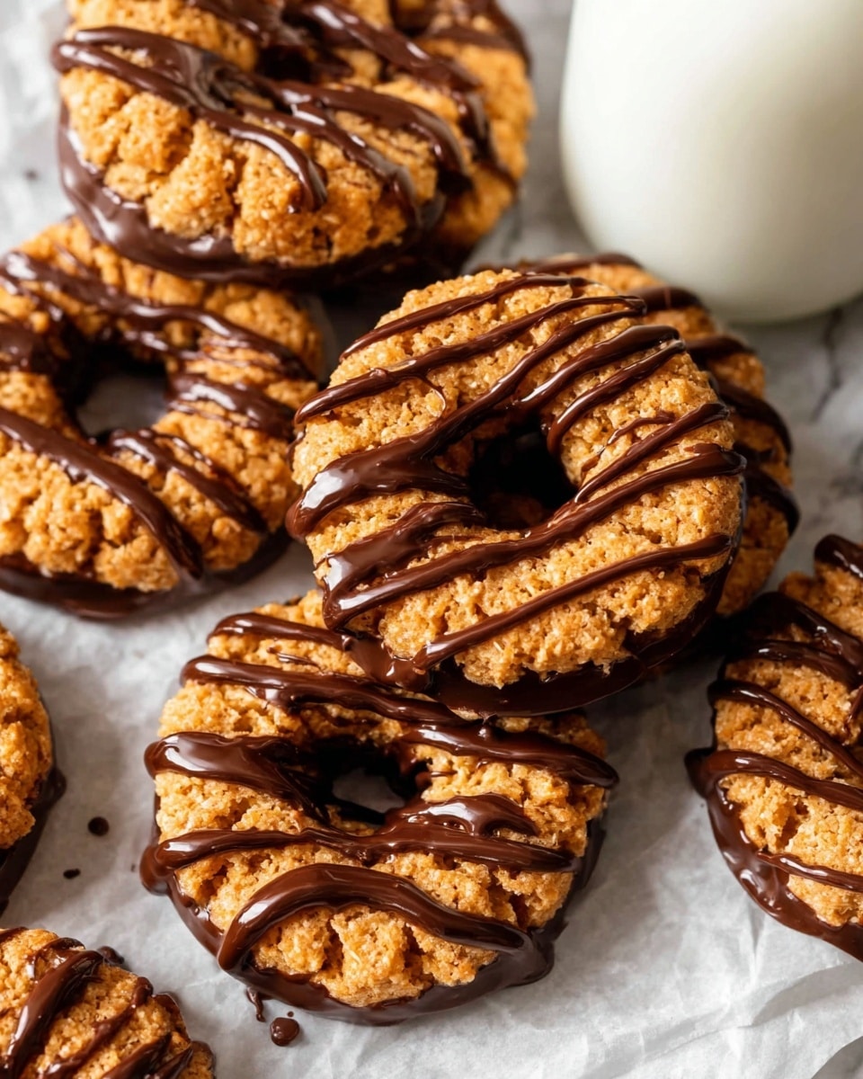 The image shows several round cookies with a rough, crunchy texture in a golden brown color. Each cookie has a ring shape and is topped with dark brown chocolate drizzle that is spread in thin, irregular lines across the top surfaces. The base of the cookies also appears to be coated in a smooth dark chocolate layer, visible at the lower sides. The cookies are placed closely together on a piece of light parchment paper, set on a white marbled surface. To the right edge, a white bottle of milk is partially visible. The photo taken with an iphone --ar 4:5 --v 7