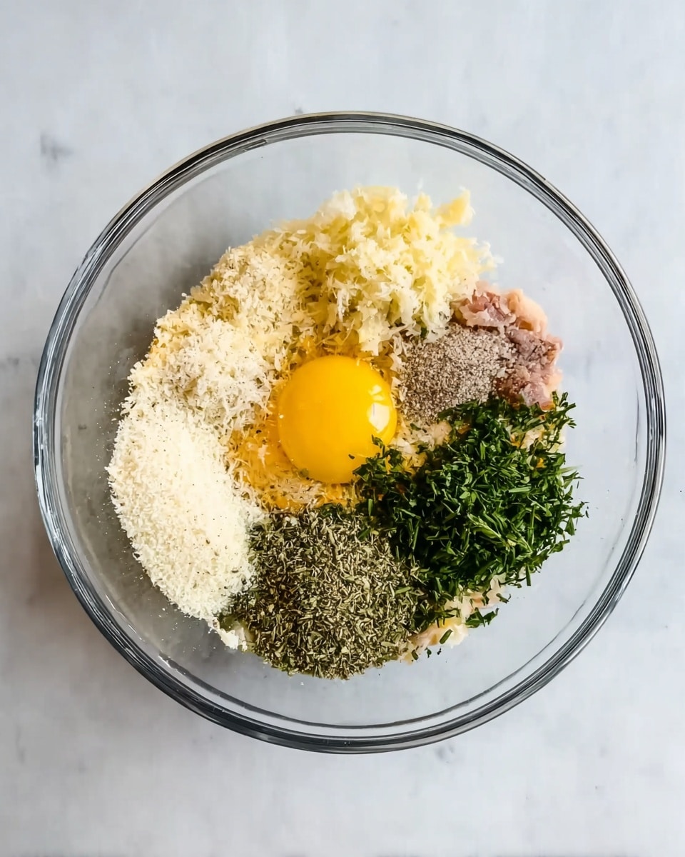 A clear glass bowl sits on a white marbled surface, filled with separate layers of ingredients arranged in a circle. Starting from the left, there is a raw egg yolk with a shiny yellow surface, minced garlic with a pale creamy color and slightly rough texture, white breadcrumbs with a fine crumbly look, finely chopped green herbs with a fresh leafy texture, dried green herbs with a dusty appearance, and ground black pepper with a speckled brown and black texture. The ingredients are unmixed and clearly visible against the transparent bowl. photo taken with an iphone --ar 4:5 --v 7