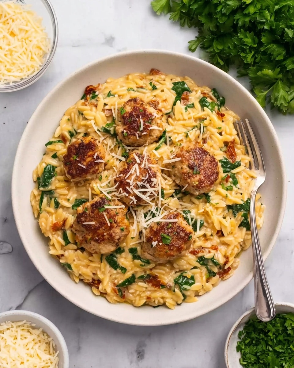 A white plate holds a bed of creamy orange-yellow orzo pasta mixed with small green spinach leaves and bits of sun-dried tomatoes, forming the first layer that spreads out evenly. On top of the orzo, there are five round pieces of browned chicken with a slight crispy texture, arranged in the center. Grated light yellow cheese is sprinkled over the chicken and pasta, adding a delicate texture contrast. A fork rests on the right side of the plate. The plate is set on a white marbled surface with a bunch of green parsley in the upper right corner and small bowls containing grated cheese and chopped herbs near the bottom edge. Photo taken with an iphone --ar 4:5 --v 7