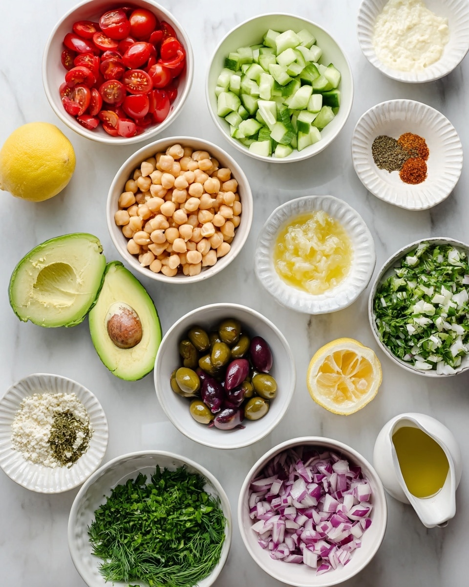 The image shows an overhead view of many small white bowls and plates arranged neatly on a white marbled surface. Each bowl contains a different fresh ingredient: bright red halved cherry tomatoes, light green chopped cucumber, beige chickpeas, two halves of a green avocado with one half showing the seed, dark purple sliced olives, bright green chopped scallions, finely chopped red onion, white crumbly cheese, and fresh green dill and parsley. There are also small white dishes holding minced garlic, a light yellow creamy sauce, greenish capers, and mixed spices with red and green tones. A small white pitcher with golden olive oil and a round fluted white dish with a light amber liquid complete the setup. A halved lemon with a bright yellow peel is placed near the center. The scene is clean and well-lit, showing the textures and colors clearly. Photo taken with an iphone --ar 4:5 --v 7