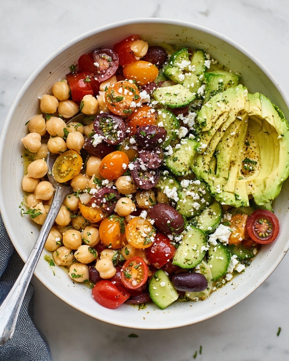 A white bowl filled with three main layers: the bottom layer is light beige chickpeas, scattered evenly and mixed with small green herb bits; the middle layer has sliced cherry tomatoes in red and orange halves, along with dark purple olive slices and diced bright green cucumbers; the top layer features creamy light green avocado slices, sprinkled with white crumbled cheese and freshly ground black pepper, all on a white marbled surface. A silver spoon is resting inside the bowl near the front. Photo taken with an iphone --ar 4:5 --v 7