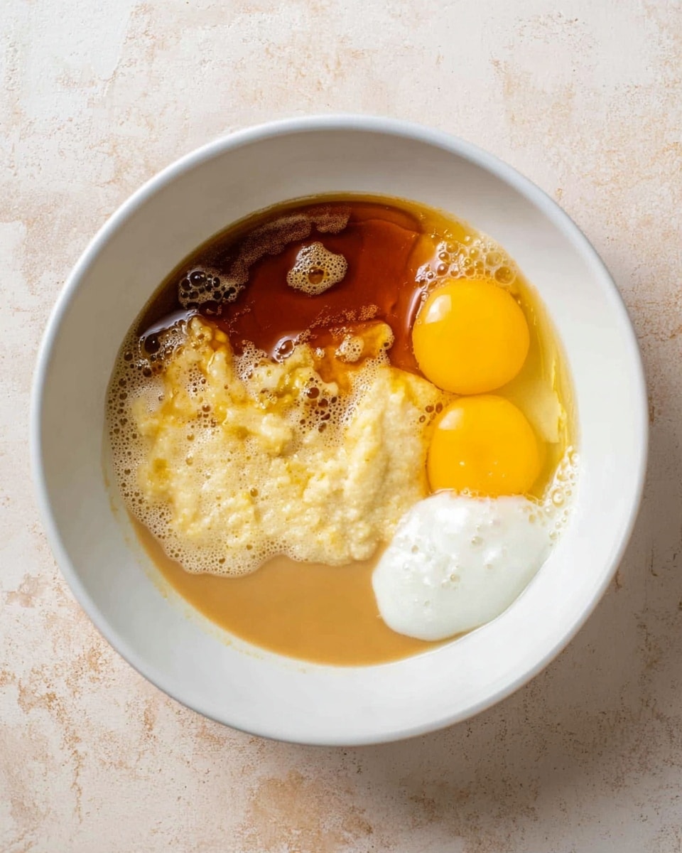 A white bowl sits on a white marbled texture, filled with several layers of ingredients. On the right, there are two bright yellow egg yolks next to a dollop of white cream. Below them, a smooth, light brown liquid spreads evenly. To the left, there is a chunky pale yellow mixture with bubbles near the edges. Dark brown syrup pools around the top left part of the bowl, mixing slightly with the other layers. Photo taken with an iphone --ar 4:5 --v 7