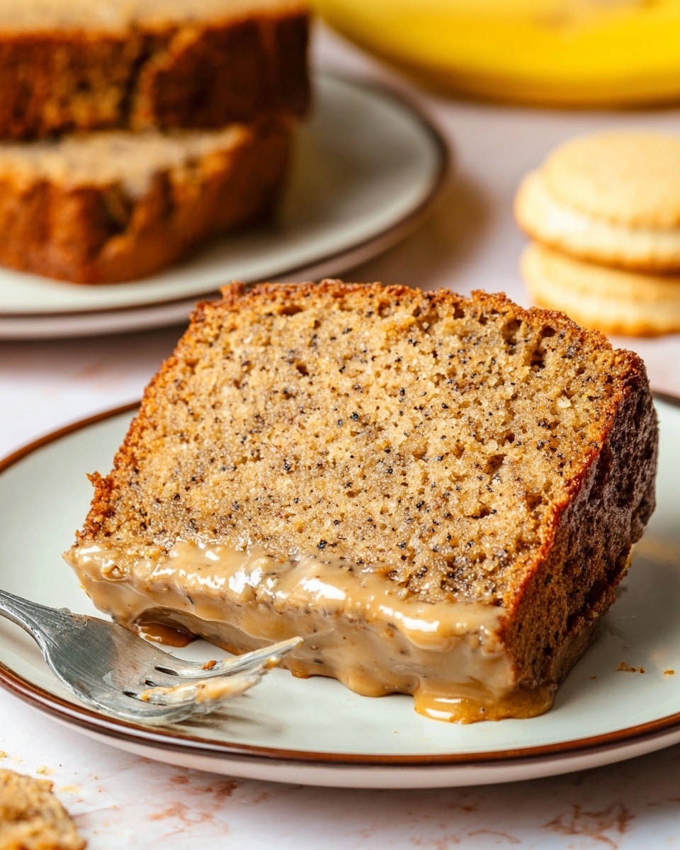 A close-up view of one thick slice of brown, moist banana bread on a white plate with a thin dark rim, showing a soft crumb texture with tiny dark specks throughout. The bottom edge of the slice has a glossy layer of light brown, creamy sauce with small bits mixed in, slightly dripping down. A metal fork with a wooden handle is lifting a bite of the bread from the front right side of the slice. In the background, there are more slices stacked on another white plate with a dark rim, and parts of vanilla biscuits and a banana are softly blurred on a white marbled surface. Photo taken with an iphone --ar 4:5 --v 7
