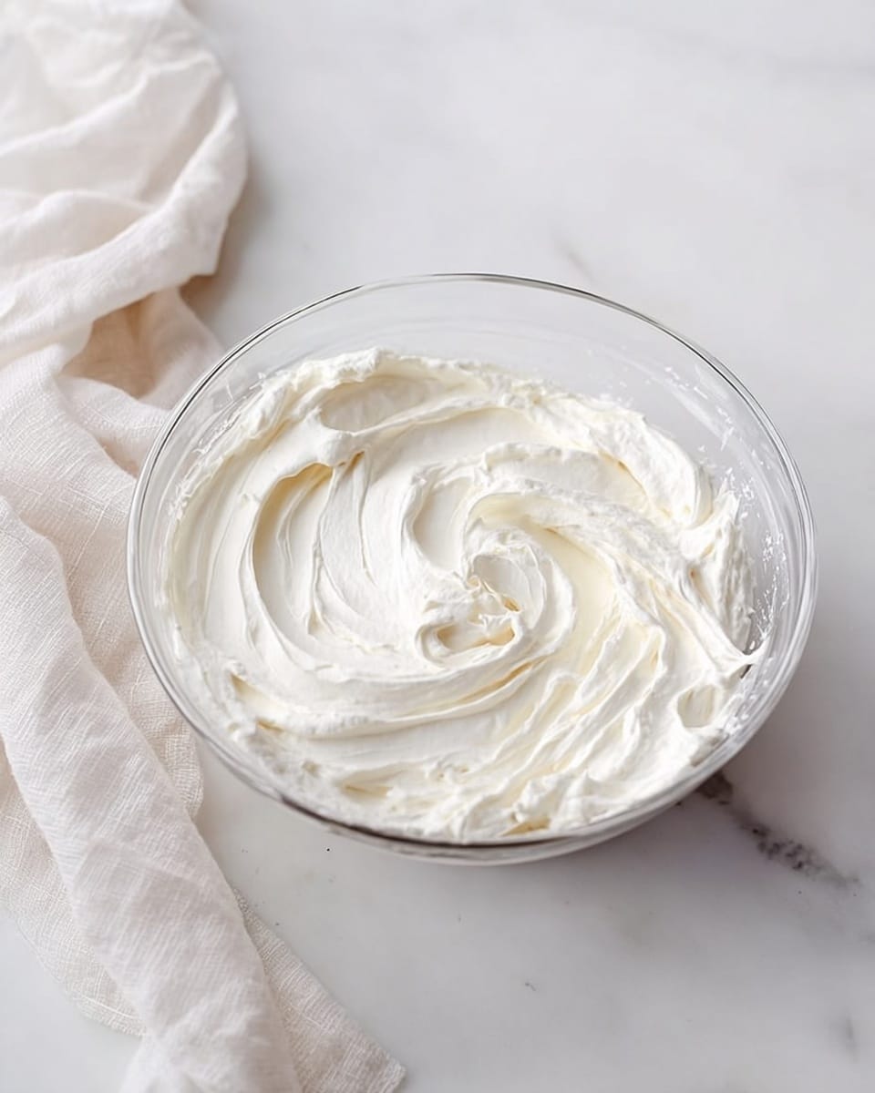 A clear glass bowl filled with smooth, white whipped cream that has soft peaks and gentle swirls, sitting on a white marbled surface. The whipped cream shows textured ridges and folds that look light and fluffy. A light cloth is partially visible in the top left corner of the image. photo taken with an iphone --ar 4:5 --v 7