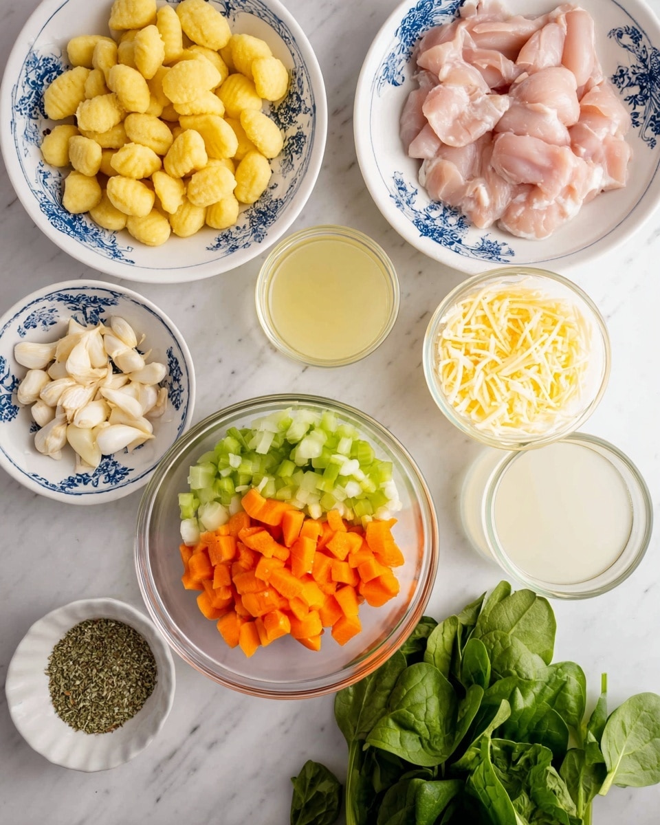 The image shows several ingredients arranged on a white marbled surface. There are three white bowls with blue floral patterns; one contains several uncooked yellow gnocchi, another has raw pink chicken pieces, and the last one is empty or partially out of view. A clear glass bowl holds chopped vegetables including light green celery, bright orange carrots, and minced garlic. A small white bowl contains shredded pale yellow cheese, while two clear glass containers hold liquid ingredients – one pale yellow and one white. A small white dish with herbs and seasoning is nearby, and a bunch of fresh dark green spinach leaves is placed at the bottom right. Photo taken with an iphone --ar 4:5 --v 7
