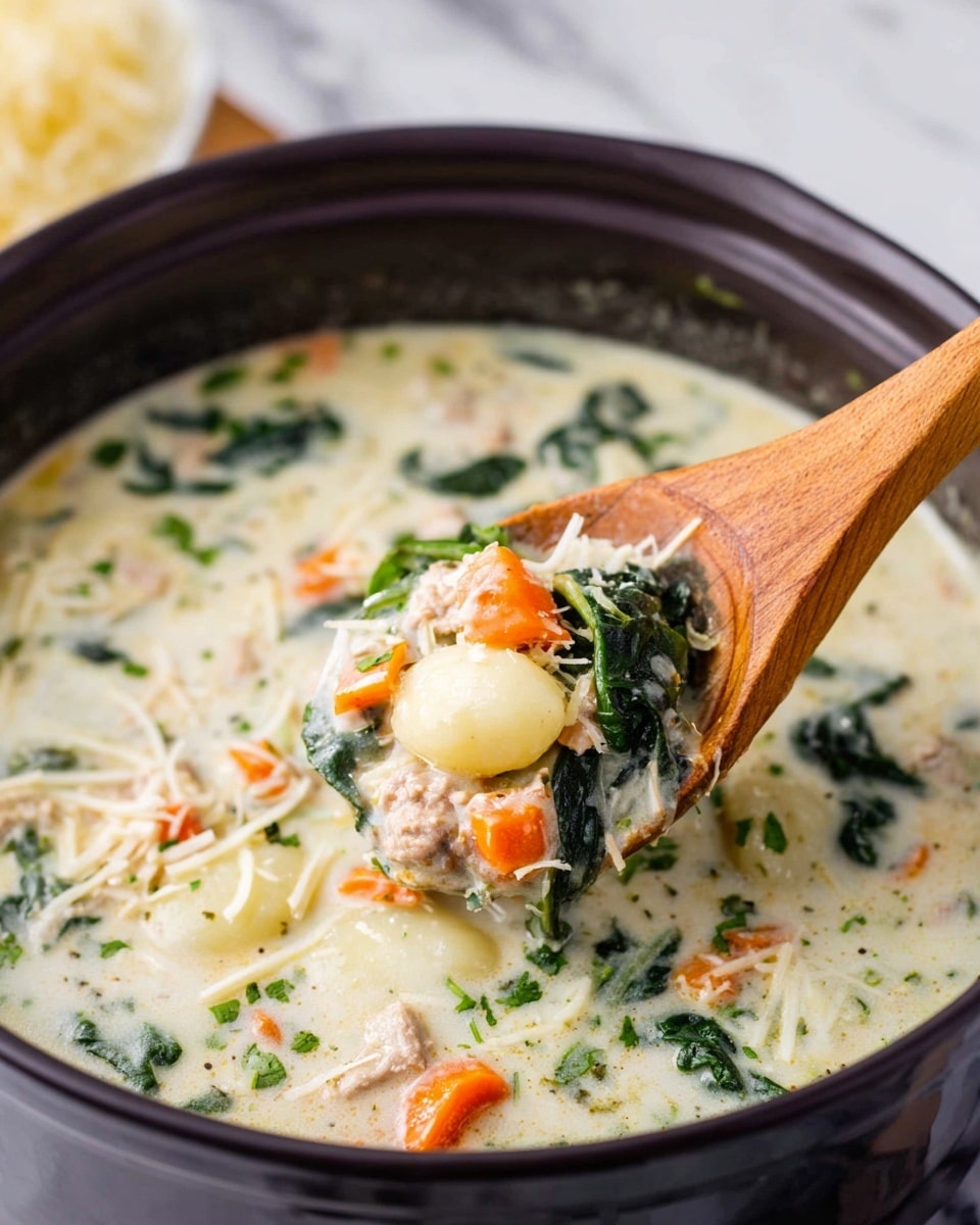 A dark pot filled with creamy white soup that has chunks of orange carrots, green spinach leaves, soft beige meat pieces, and white gnocchi, all mixed together. A wooden spoon scoops up a portion, showing the thick texture and layered ingredients. The soup surface also has small bits of green herbs and shredded cheese scattered around. The background is a white marbled texture photo taken with an iphone --ar 4:5 --v 7