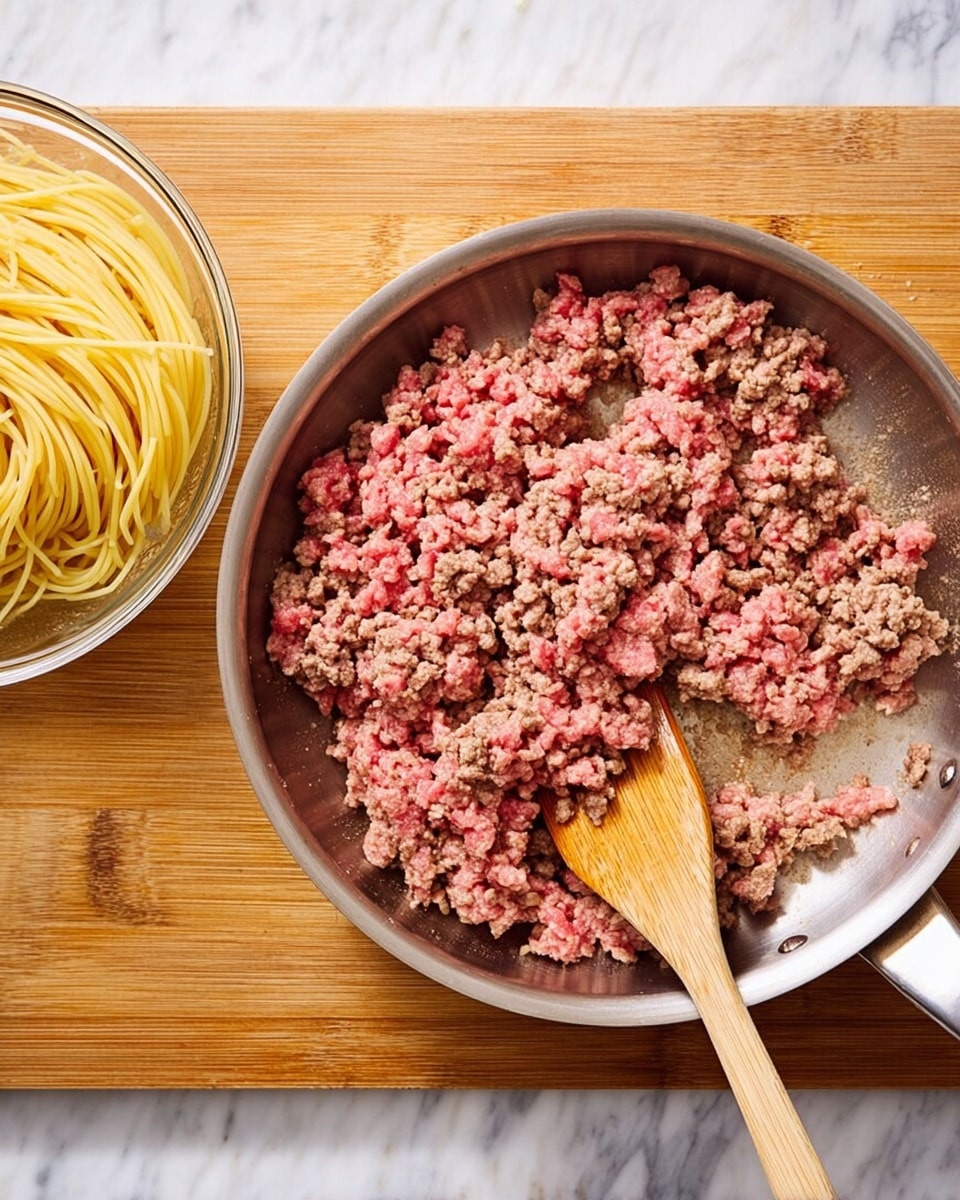 A shiny metal pan with light brown and pink cooked ground meat mixed with some raw pieces is placed on a wooden cutting board. A wooden spatula rests inside the pan on the right side. Next to the pan, on the left, there is a transparent glass bowl filled with yellow spaghetti noodles. The whole setup is on a white marbled surface. photo taken with an iphone --ar 4:5 --v 7
