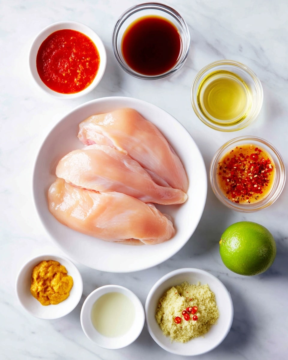 A white bowl holds four raw chicken fillets with a light pink color and smooth texture, placed on a white marbled surface. Surrounding the bowl are nine smaller white bowls and dishes, each with different ingredients: a dark brown liquid, a bright red sauce, a clear white liquid, a light brownish-orange sauce in a glass bowl, a creamy pale yellow spread, a bright yellow minced paste, a pale greenish-yellow powder mixed with red chili flakes, and a pale yellow liquid. A whole green lime is placed on the right side near the bowls. The setup is neat and well-arranged. photo taken with an iphone --ar 4:5 --v 7