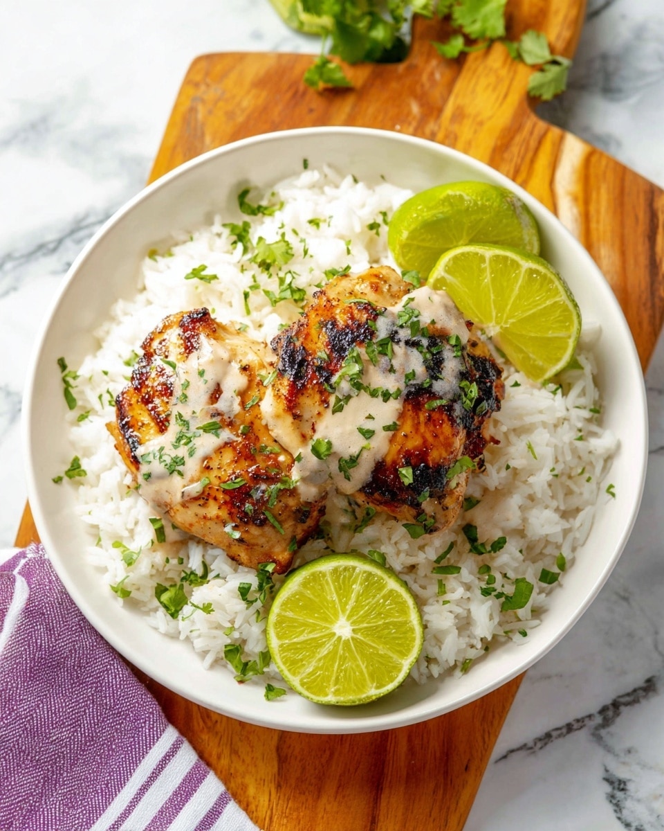 A white plate with a base layer of fluffy white rice, topped with two grilled golden-brown chicken pieces that have a slightly charred surface and creamy sauce drizzled on them. Bright green chopped herbs are scattered over the chicken and rice, adding a fresh touch. Two lime wedges with bright green skin and juicy inner flesh sit on the side of the plate. The plate rests on a wooden cutting board with a purple cloth with white stripes underneath, all placed on a white marbled surface. Photo taken with an iphone --ar 4:5 --v 7