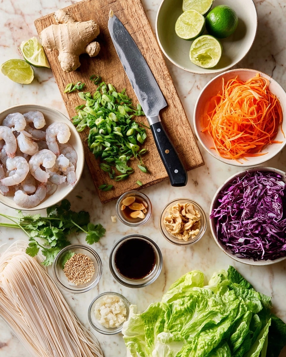 The image shows fresh ingredients on a white marbled surface, including a white bowl filled with raw shrimp at the bottom left, next to a pile of uncooked rice noodles. Above the shrimp are chopped green onions on a wooden cutting board with a large cleaver knife. To the right, shredded orange carrots sit in a white bowl, and next to them is a bunch of green romaine lettuce leaves. On the top side, there are halved limes in a white bowl and a large piece of fresh ginger root on the cutting board. Bowls of purple shredded cabbage, chopped ginger, sesame seeds, light brown peanut sauce, soy sauce, and a clear liquid are scattered throughout with some fresh cilantro leaves visible to the side. photo taken with an iphone --ar 4:5 --v 7