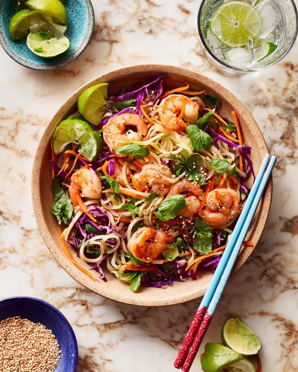 A round beige bowl on a white marbled surface holds a colorful noodle salad. The base layer is light-colored noodles mixed with thin orange carrot strips and thin purple cabbage strands distributed evenly. On top, there are pink cooked shrimp arranged around the bowl, each wrapped in some noodles and small green leafy herbs scattered throughout. Two lime wedges with green leaves rest on one side, adding a fresh touch. Blue and lavender chopsticks with red tips lay on the right side of the bowl, pointing toward the inside. Nearby on the marble surface are lime pieces, a small blue bowl with sesame seeds, and a clear glass of water with ice cubes. photo taken with an iphone --ar 4:5 --v 7