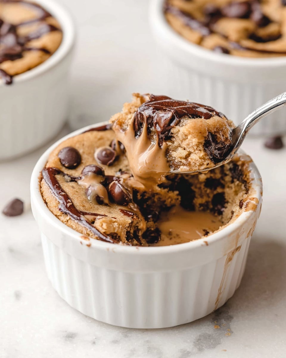 The image shows a white round ramekin filled with a baked dessert that has three main layers. The bottom layer is a light brown cookie dough mixed with dark brown chocolate chips. The middle layer is a soft, moist baked cookie with melted chocolate chips visible throughout. The top layer is a thick, glossy light brown sauce drizzled unevenly over the top and pooling slightly around the edges. A silver spoon is scooping a portion from the ramekin, lifting the soft cookie with sauce on it. In the background, another ramekin with the same dessert is visible on a white marbled surface. Photo taken with an iphone --ar 4:5 --v 7