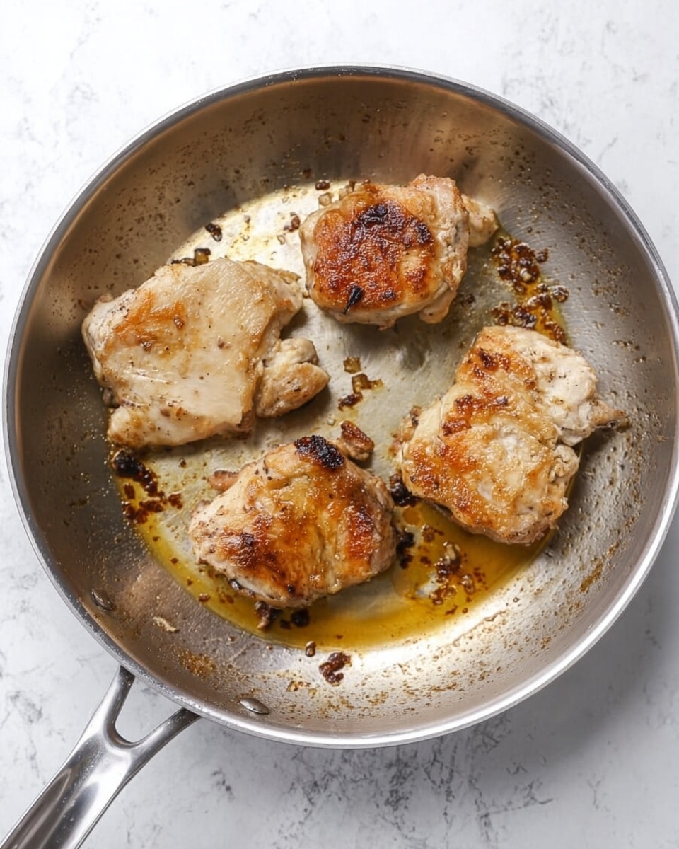 A stainless steel pan holds four pieces of cooked chicken, each with a golden brown top layer that shows some crisp texture and slight charring around the edges. The chicken pieces have a light beige and slightly shiny bottom layer from cooking juices and oil, giving a moist look. Some dark brown bits and caramelized residue from cooking are visible on the metal surface of the pan, especially near the center. The pan handle extends out from the bottom left corner and the pan sits on a white marbled textured surface. photo taken with an iphone --ar 4:5 --v 7
